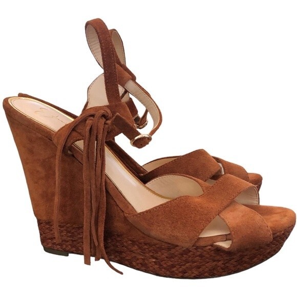 Jessica Simpson Suede Platform Wedge Sandals Tassel Ankle Strap Heels size 10 - Picture 4 of 12